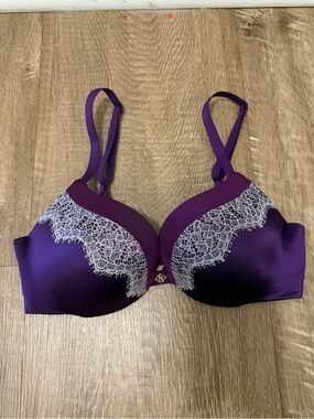 Victoria's Secret Purple Satin Push-Up Bra with White Lace Trim